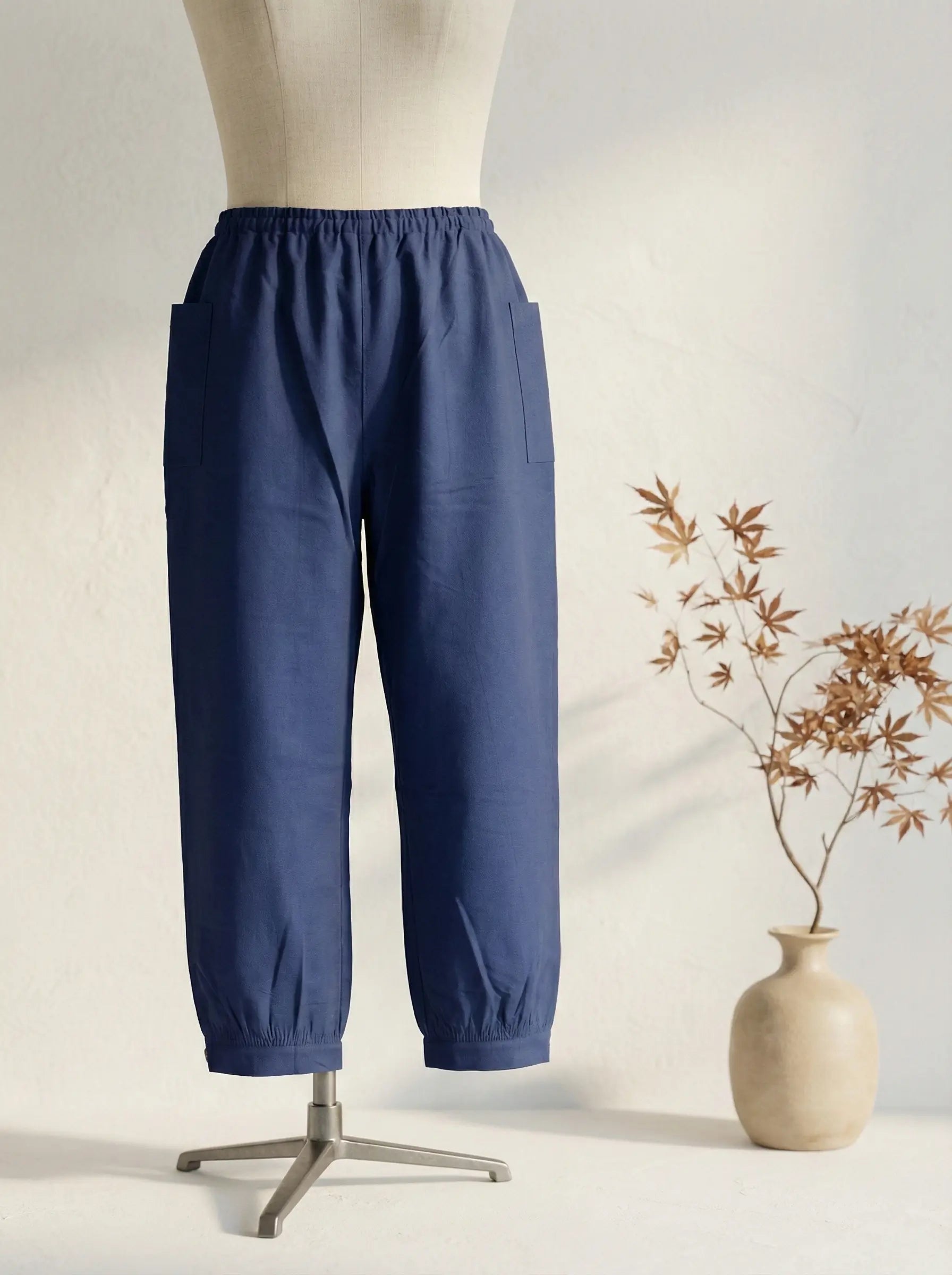 藍染 ワイドパンツ｜ギャザー裾と木製ボタン｜藍染市場